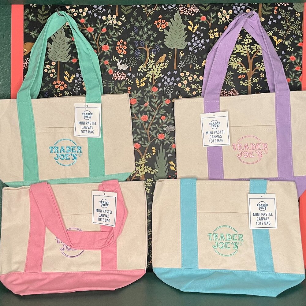 Trader Joe's Pastel Mini Canvas Tote Bags Pink, Purple, Blue and Green